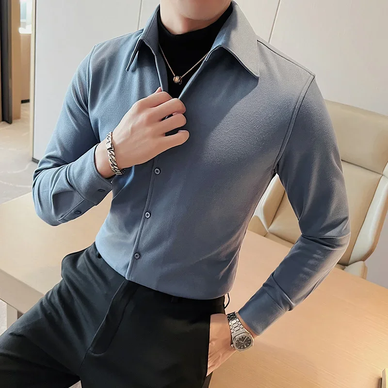 2023 Winter Two Fake Woolen Shirt Men Solid Color Lapel Slim Casual Business Dress Shirt Social Party Tuxedo Blouse Men Clothing