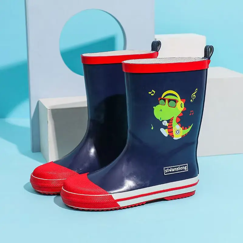 2024 Children's Four Seasons High Top Cartoon Rain Shoes Boys And Girls Soft Sole Non Slip Detachable Cotton Cover Water Shoes