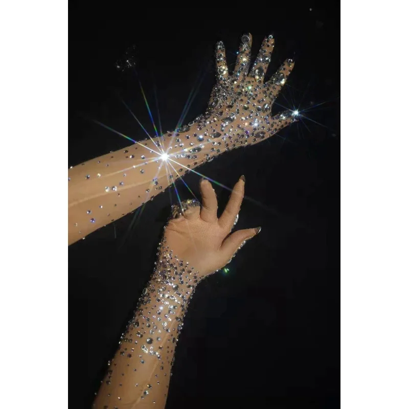 Fashion Stretch Rhinestone Gloves Women Sparkling Crystal Mesh Perspective Long Gloves Nightclub Dancer Singer Stage Accessories