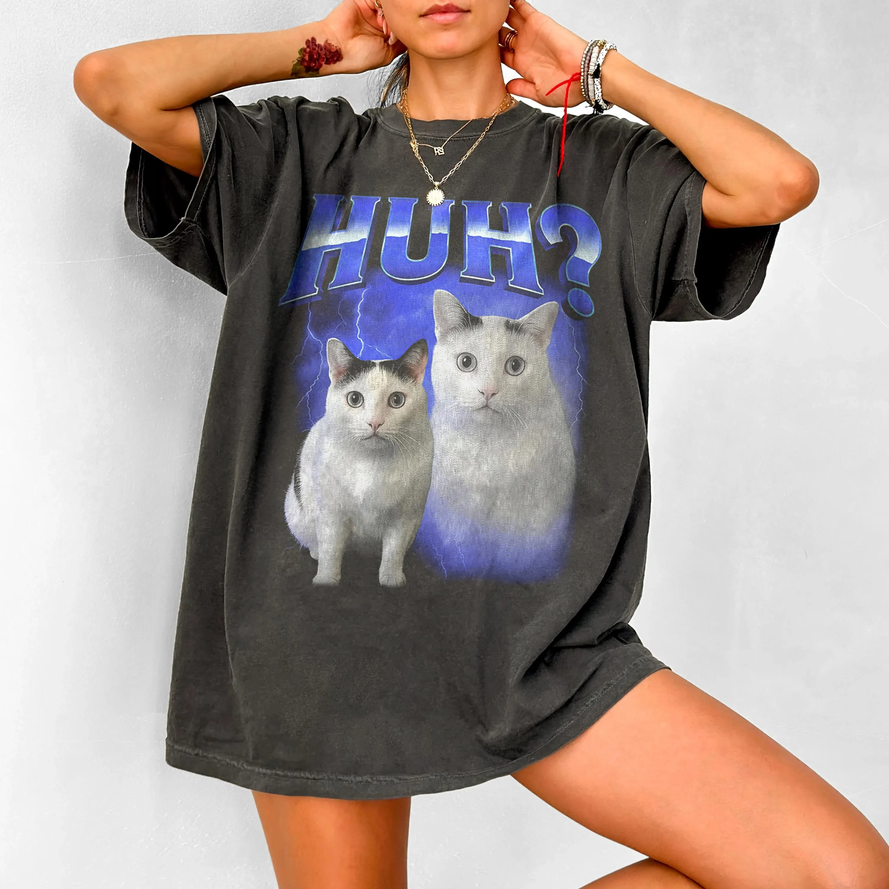 HUH grappige Dank Cat Meme Tee Shirt cadeau voor vrouw en man, lelijke shirts, Unhinged T-shirt, Goofy Ahh katten kleding