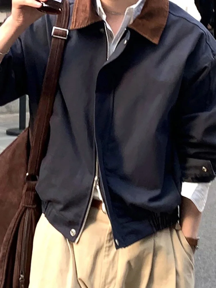 With Men's Jacket Colorblocking Turn Down Collar Loose Fit Zipup Top Korean Style Trendy Versatile Loose Casual Coat QI51