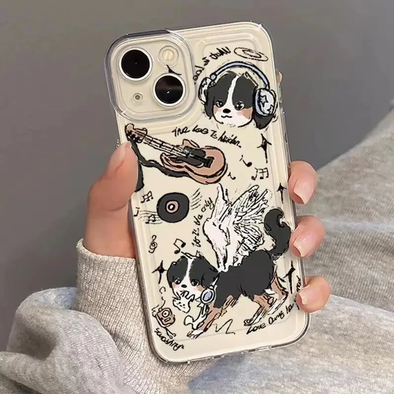 Etui na telefon z gitarą Cartoon Angel Sheep Dog Puppy do iPhone\'a 15 Pro Max 13 12 11 14 Pro X XS XR 7 8 Plus Przezroczyste etui na telefon