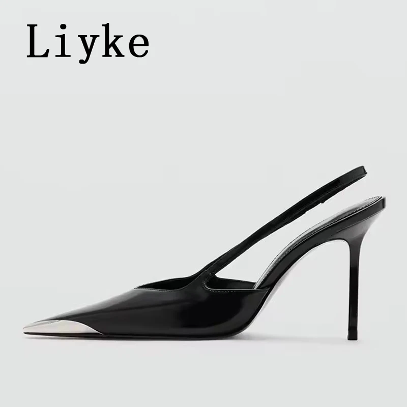 

Liyke Brand Fashion Metal Pointed Toe Designer Black High Heels Party Prom Shoes Sexy Slingback Sandal Women Pumps Zapatos Mujer