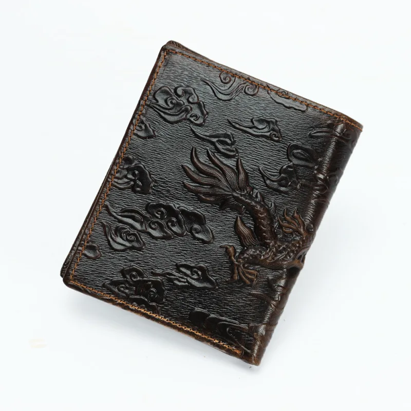 Dragon-Embossed Top-Grain Leather Wallet - Slim Pull-Up Leather Bifold with Horizontal & Vertical, Compact RFID-Secure Purse