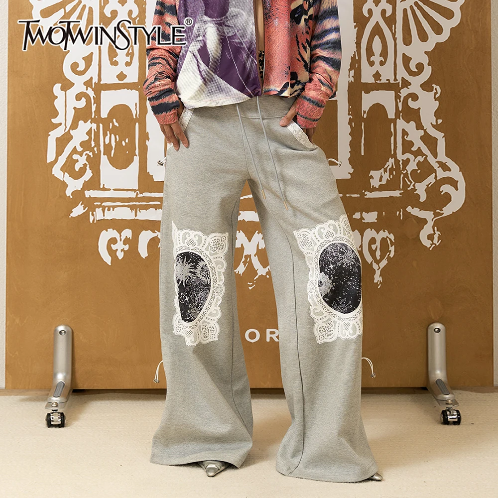 

TWOTWINSTYLE Hit Color Printing Loose Pants for Women High Waist Temperament Minimalist Wide Leg Pant Female Fashion