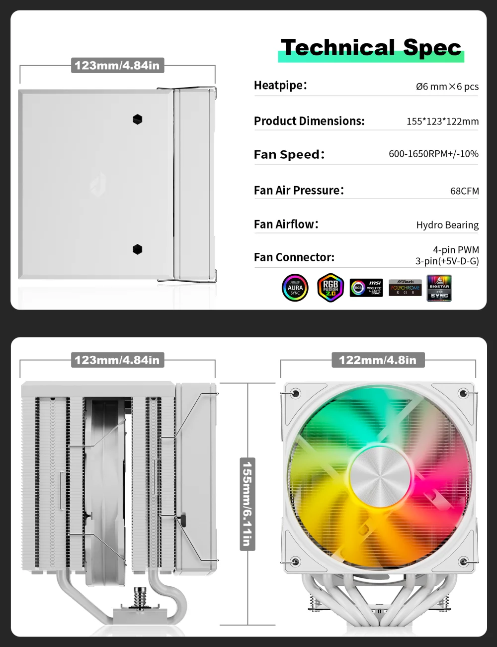 Gorąca sprzedaż 2025 UpHere Łatwa instalacja 6 rur grzejnych Chłodzenie CPU 120mm PWM 4Pin Wentylator ARGB Radiator Chłodzący do PC Lga 1151 1