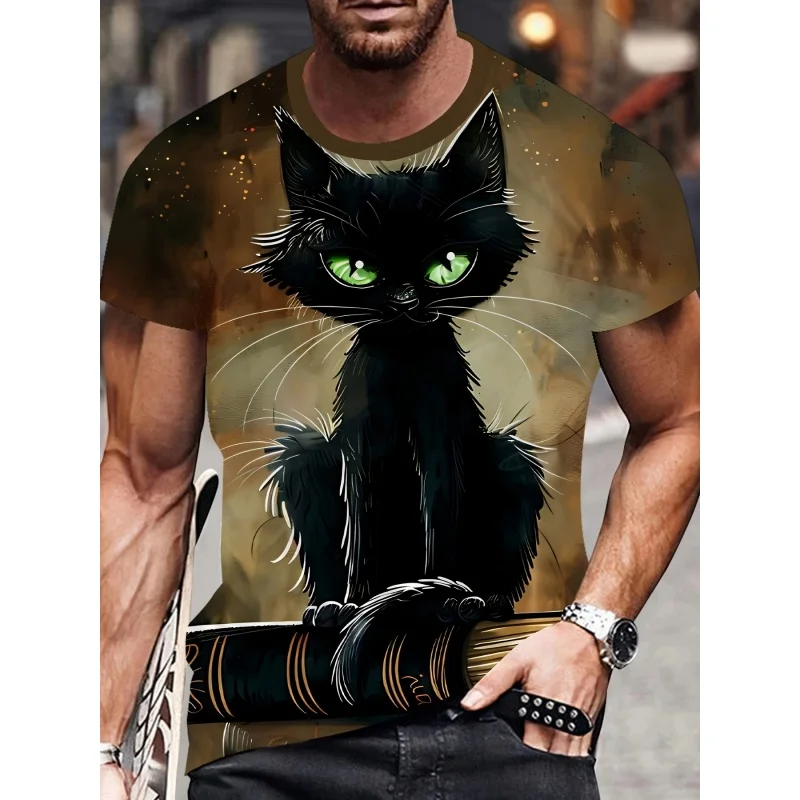 Cool Cat Pattern T Shirt For Men Colorful Retro Animal 3D Printed Tees Summer Street Short Sleeve Round Neck Tops Loose T-Shirts