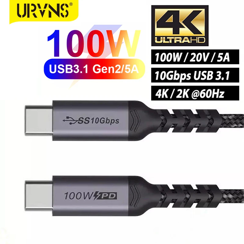 URVNS USB C to USB C 3.1 Gen 2 Cable 10Gbps Data Transfer, 4K Video Output Monitor Cable 100W PD Fast Charging for Laptops Phone