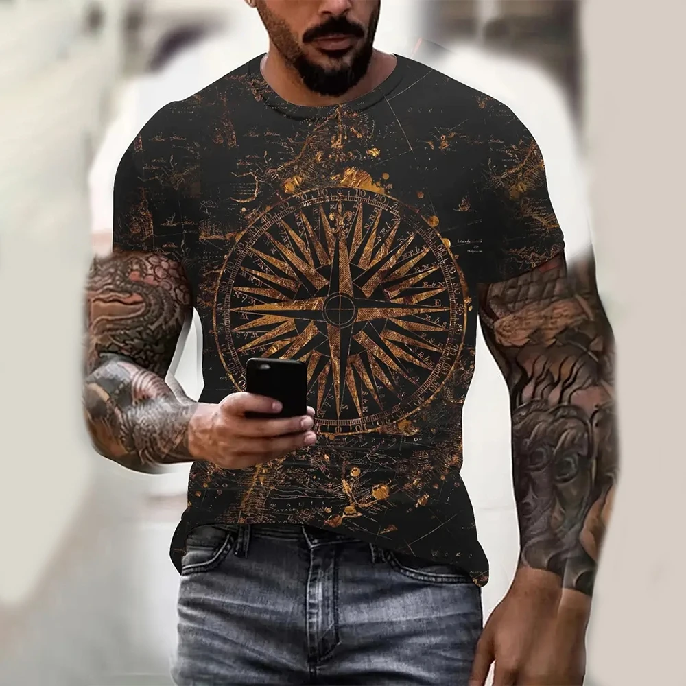 Summer Vintage Men\'s T Shirt Sailboat Compass 3d Print Casual Short Sleeve Tops Fashion Crew Neck Oversized Clothing Pullover