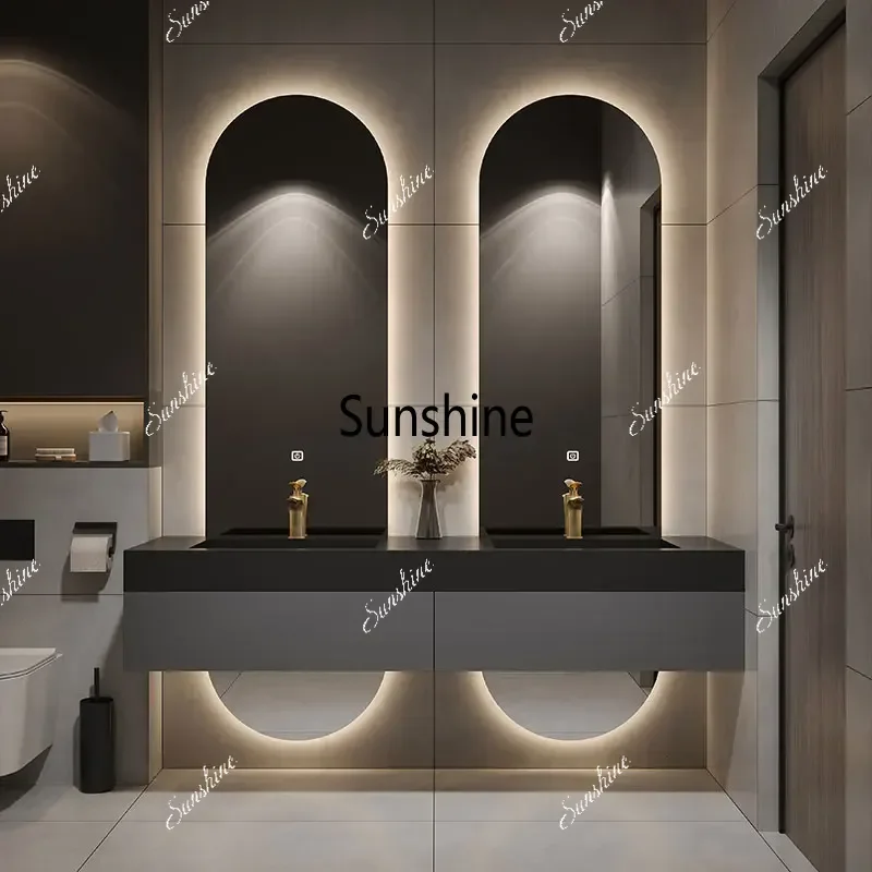 Designer Customized High-end Villa Light Luxury Rock Slab Integrated Basin Bathroom Cabinet Combination Double Mirror Wash