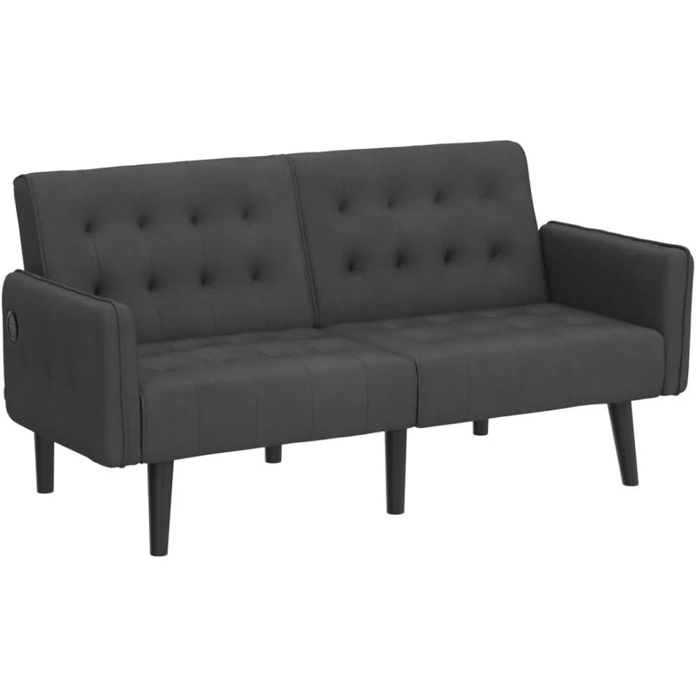 65-calowa rozkładana sofa Futon z 2 portami USB, tapicerowana, mała, regulowana rozkładana kanapa Loveseat