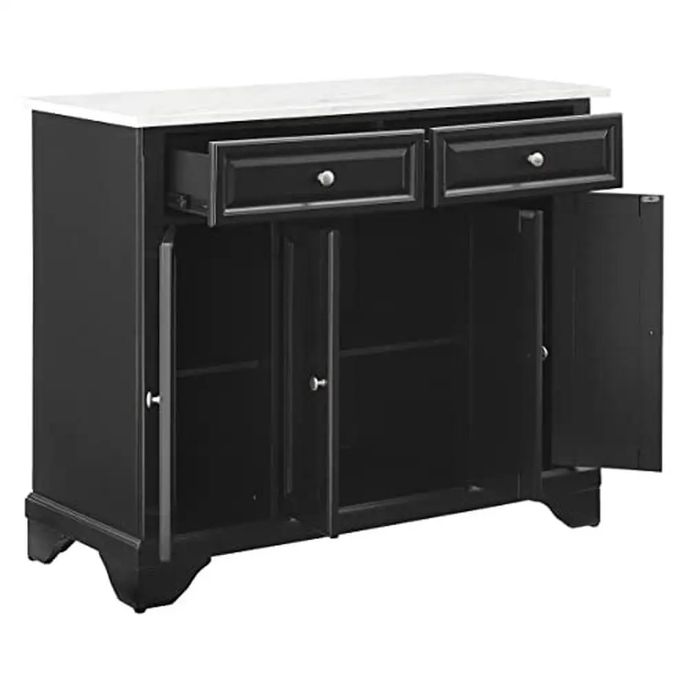 Distressed Black Kitchen Island with Faux-Marble Top Adjustable Shelves Cabinets & Drawers Ideal Microwave Cart or Coffee Bar