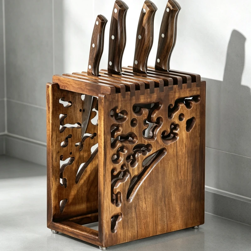 Solid Wood Kitchen Knife Holder Hollow‑Out Ventilated Draining Knife Storage Block Multi‑Slot Countertop Cutlery Organizer Rack
