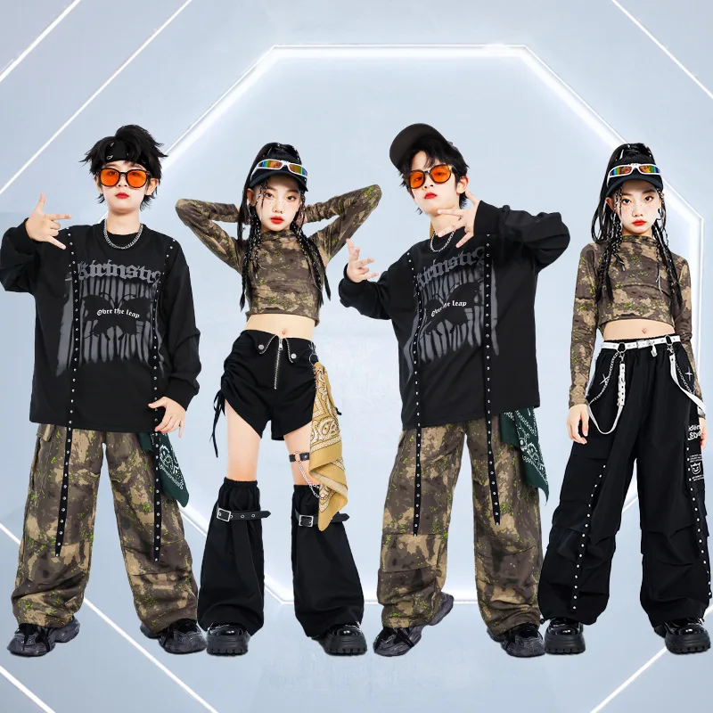 Ragazzi Costumi di danza di strada Moda Hip Hop Crop Felpe con cappuccio Street Dance Pantaloni mimetici Set Felpa Ragazze Gruppo Jazz K-pop Abiti