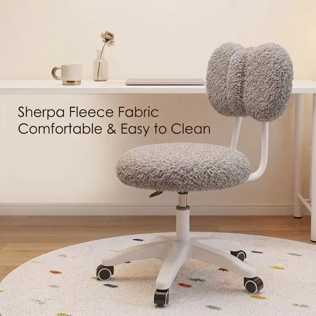 Cute Boucle Swivel Office Chair 360° Rotating Adjustable Height Ergonomic Vanity Desk Chair with Wheels for Home Bedroom Study view 3