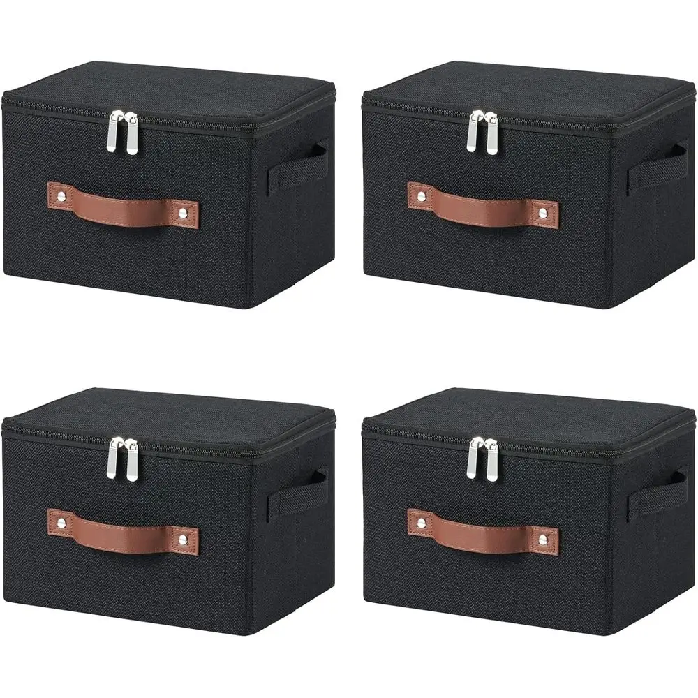 

Набор из 4 складных корзин для хранения с крышками на молнии из хлопка и льна, моющиеся, для организации одежды в шкафу и на полках
