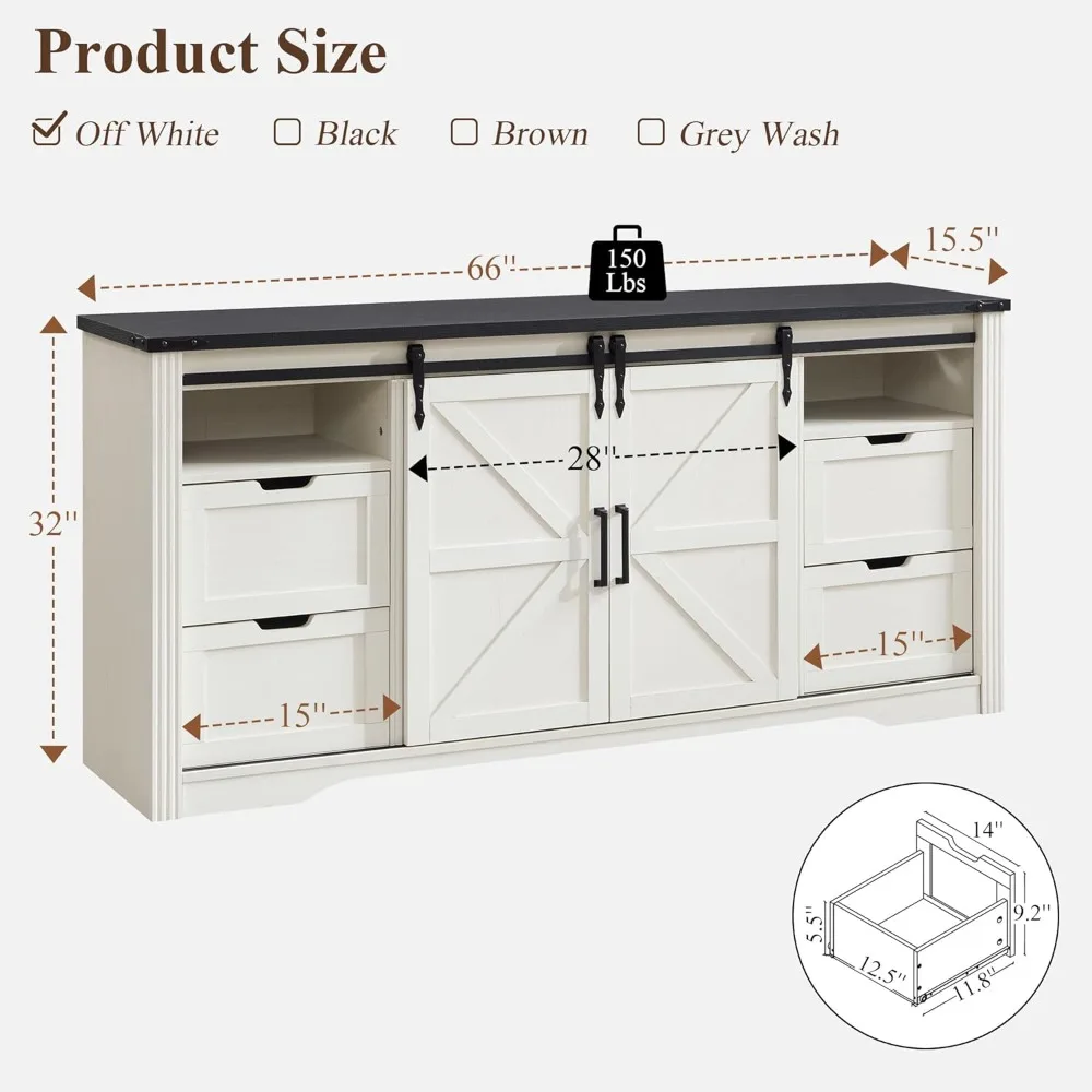 حامل تلفزيون المزرعة لتلفزيون 75+ بوصة، مركز ترفيه بطول 32 بوصة مع/4 أدراج وباب حظيرة منزلق، وحدة تحكم الوسائط الريفية مع تخزين