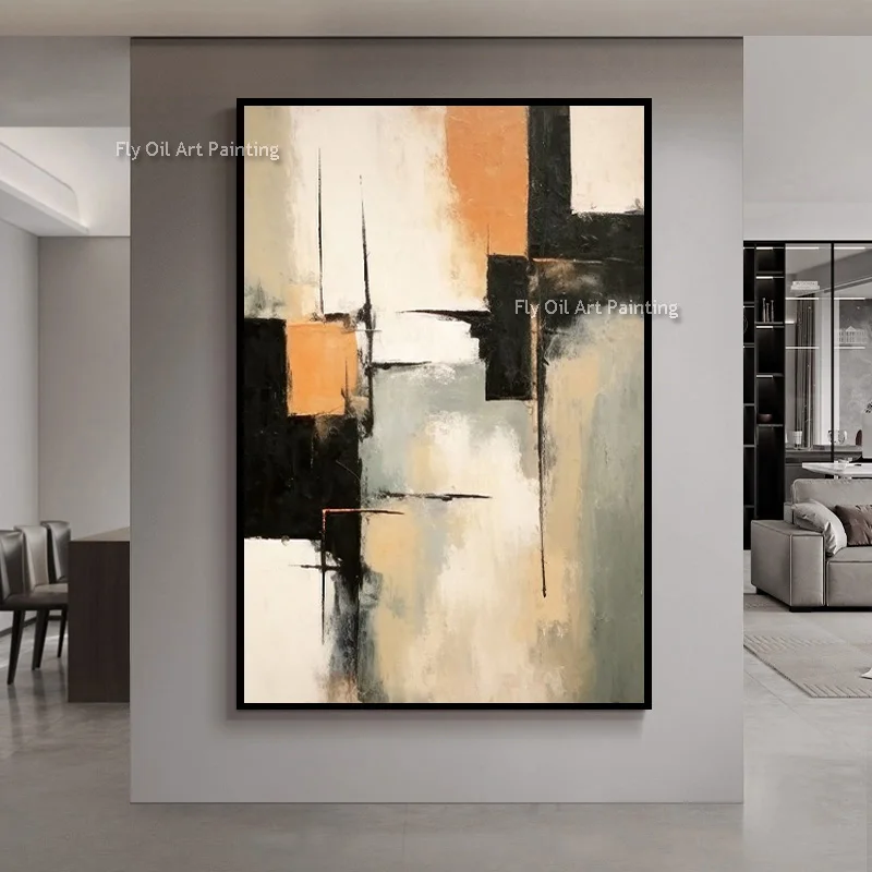Orange Grey Geometric Abstract Canvas Art Hand Painted Rough Texture Oil Painting Minimal Apartment Vertical Wall Decoration