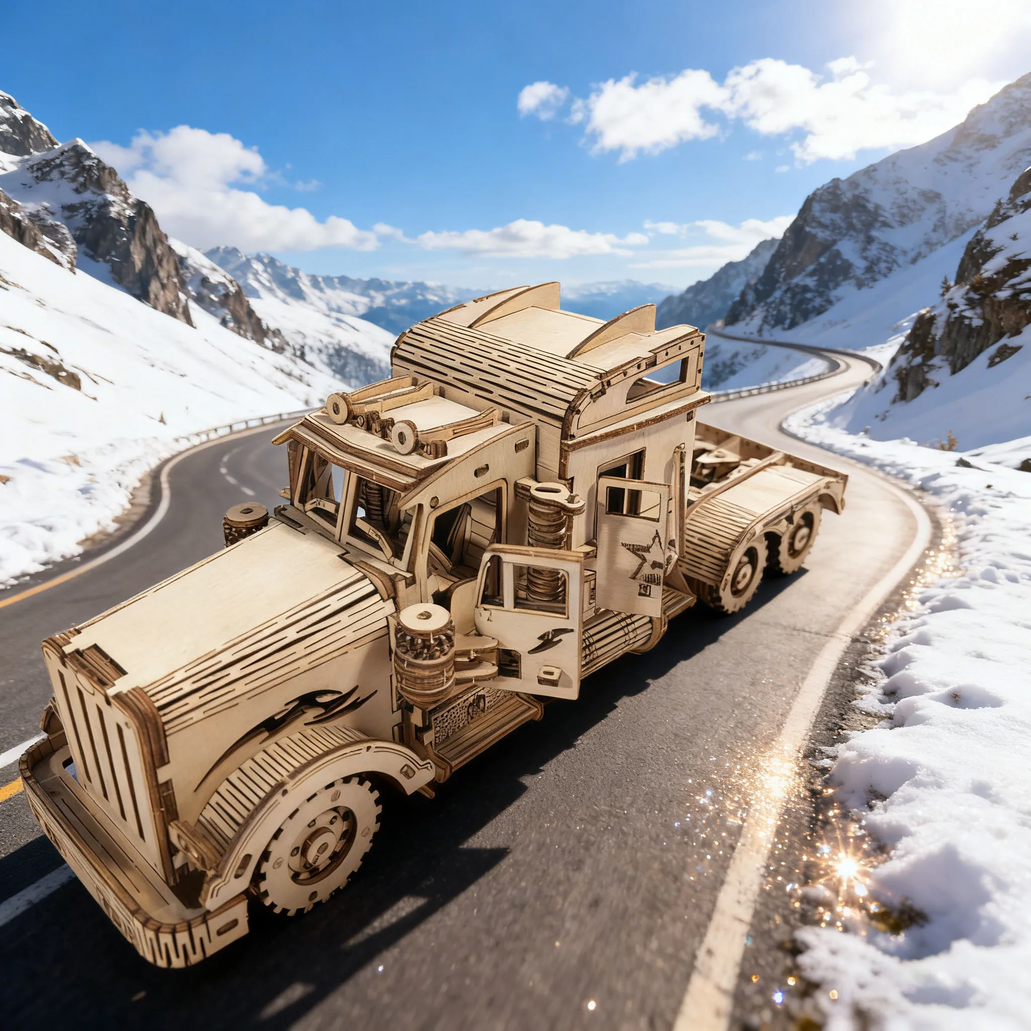 3D Wooden Puzzle Semi-Trailer Truck DIY Hand-Assembled Model Creative Holiday Birthday Gift Toy