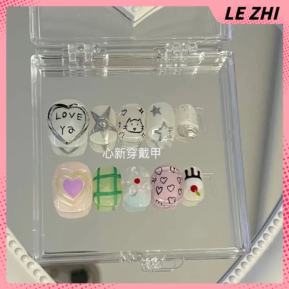 Short Square Mash-Up Color Fake Nails 3D Stereo Pure Handmade Image Design Detachable Reusable Full Cover Nails Party Stickers