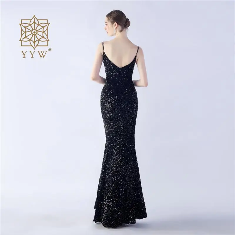 Pink Women Maxi Dress Evening Strap Sling Sexy Mermaid Ball Gown Female Deep V Sequins Glitter Backless Robe Gold Shiny Vestidos