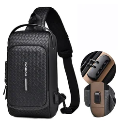 Men Fashion Chest Bag Anti-theft Tape Bag Portable Backpack with USB Charging Port Male PU Shoulder Outdoor Sports Crossbody Bag