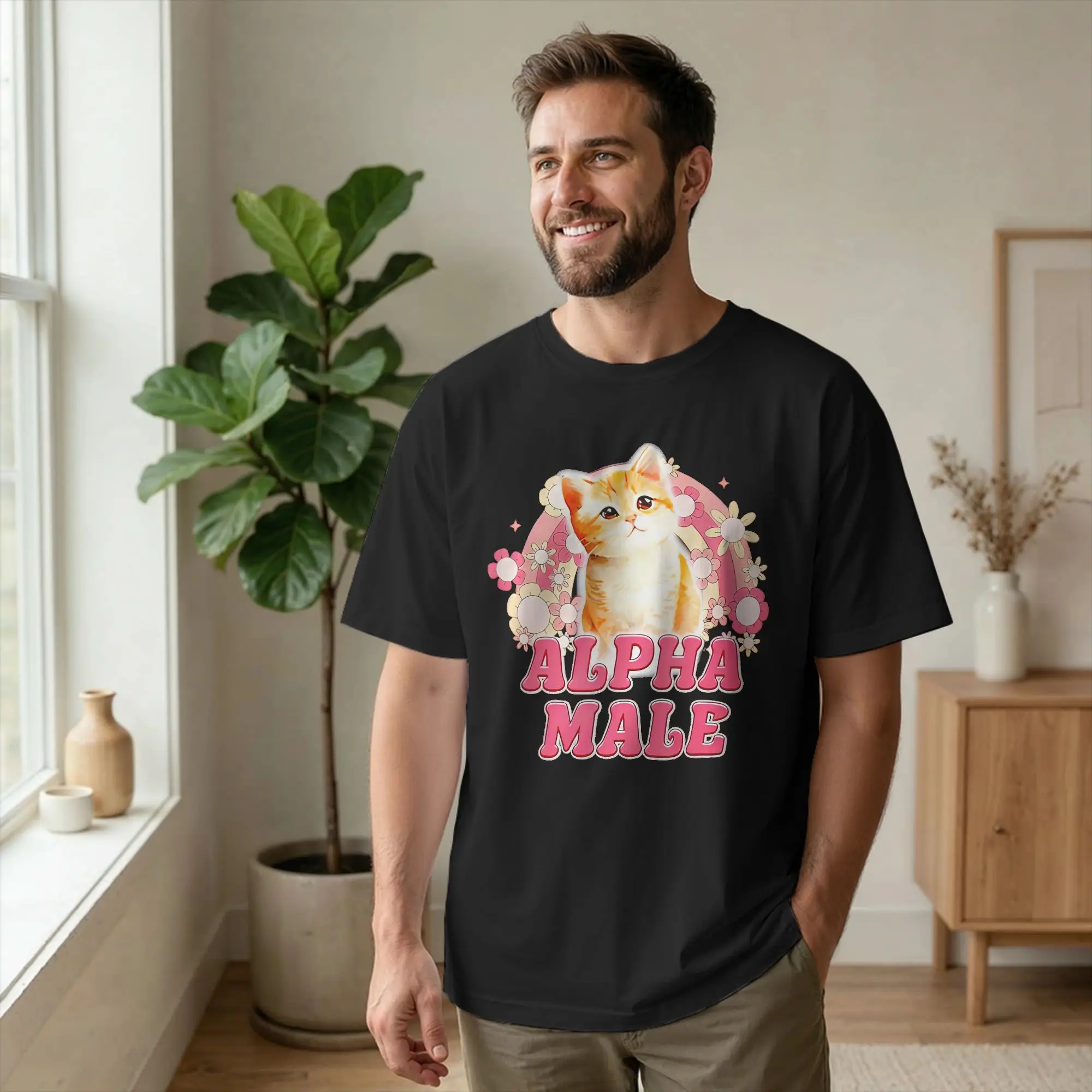 Alpha-Male Cat Funny Kitten T-Shirts Men Rainbow Floral  100% Cotton Tee Shirt Round Neck Short Sleeve T Shirts Gift Idea merch