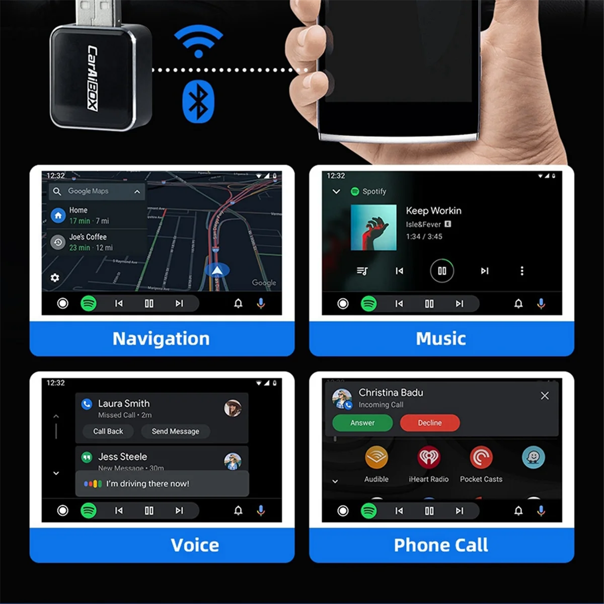 

#82T Automotive Parts & Accessories,2in1 Wireless CarPlay Adapter Wireless Android Auto Dongle Box,Black