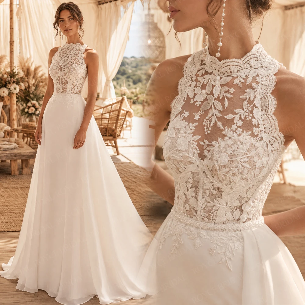 Roycebridal Halter Applique Boho A Line Wedding Dresses 2027 Sexy Flowers Lace Beach Bridal Gown Customized vestido de novia