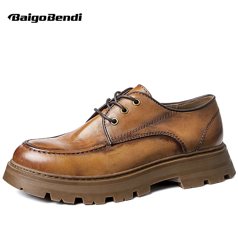 Gentlemen Classical Brown High Grade Lace-up Simple Leather Oxfords Mature Men's Round Toe Basic Formal Dress Shoes Suit