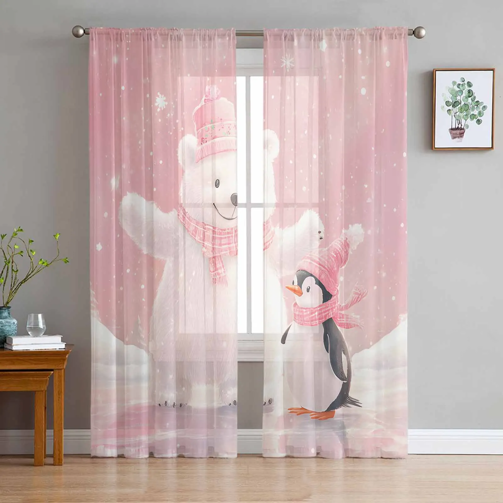 Christmas Pink Bears And Penguins Bedroom Transparent Sheer Curtains Holiday Decoration Window Voile Tulle Curtain