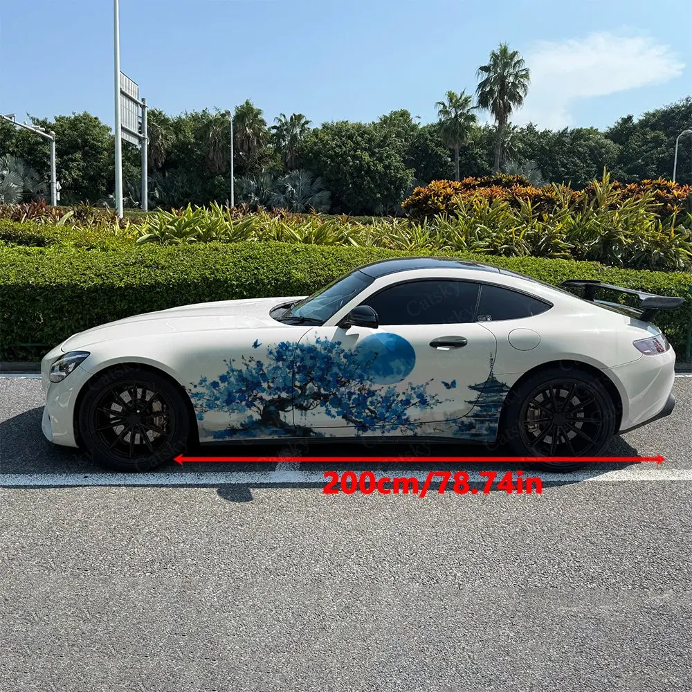 2pcs Blue Tone Splatter Temple Car Side Wraps, Self-Adhesive PVC Waterproof & Scratch-Resistant Stickers, Car Accessory Gift