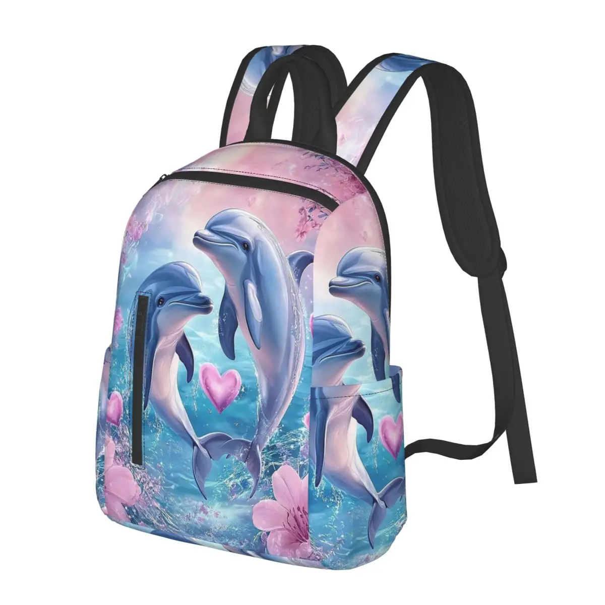 

Dolphin With Moon And Floral Sunset Student Backpack School Bag Hiking Travel Daypack for Men Women Bookbag Shoulder Bags