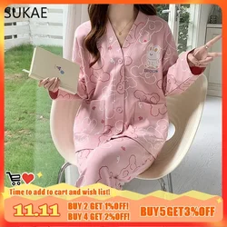 SUKAE New Kimono Women Pajamas Set Faux Cotton Spring Autumn Long Sleeves Korean Sleepwear for Girl Nightwear Cadigan Homsuits