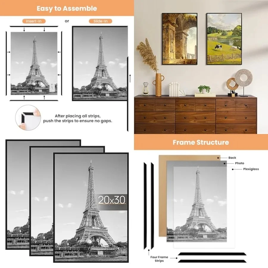 

20x30 Picture Frame Black 3 Pack, Scratch-Proof Poster Frames 20 x 30 for Photo Gallery - Slide-In Strips, Horizontal or Vertical Wall Mounting