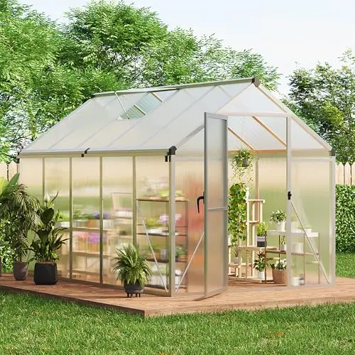 6 x 10 FT Greenhouse, Greenhouses for Outside, Polycarbonate Greenhouse with Aluminum Frame, Lockable Door and