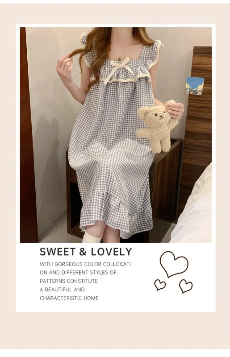 Women Korean Sweet Plaid Bow Design Nightgown with Straps Sleep Dress Cute Summer New Loungewear Y2K Nightgown with Built-in Bra