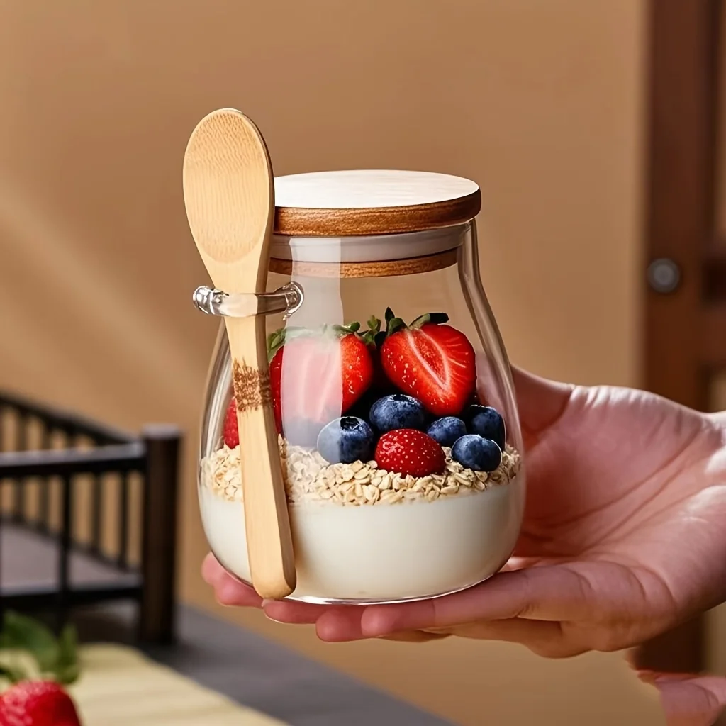 350 مللي كوب زجاجي مع غطاء وملاعق كوب الشوفان الزجاجي المطبخ الزجاج تخزين جرة للمطبخ الشوفان الحليب القهوة سلطة الفاكهة