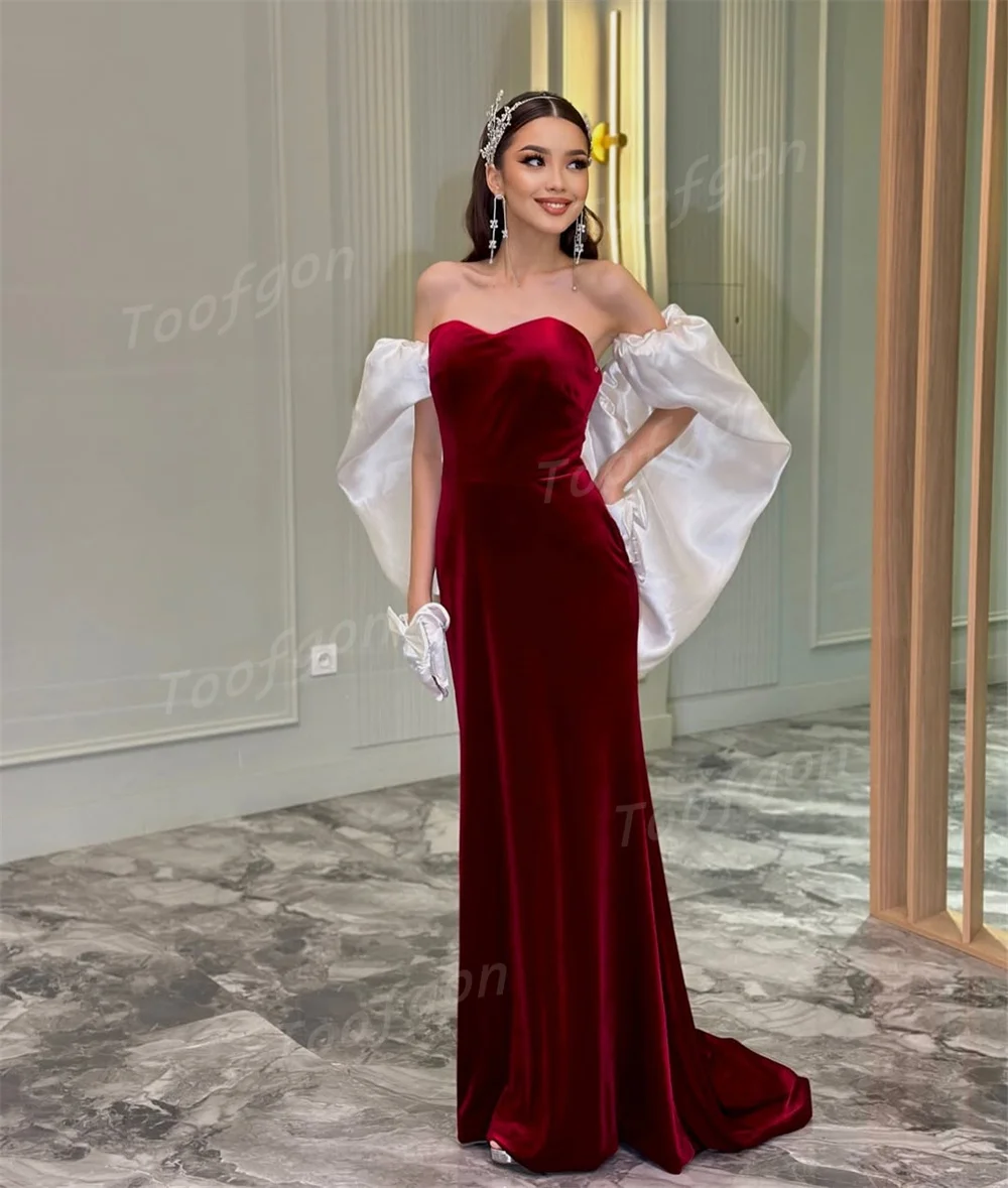 Toofan Милая бархатная русалка вечерние платья по индивидуальному заказу белая накидка с рукавами длинное бордовое женское вечернее платье для выпускного вечера
