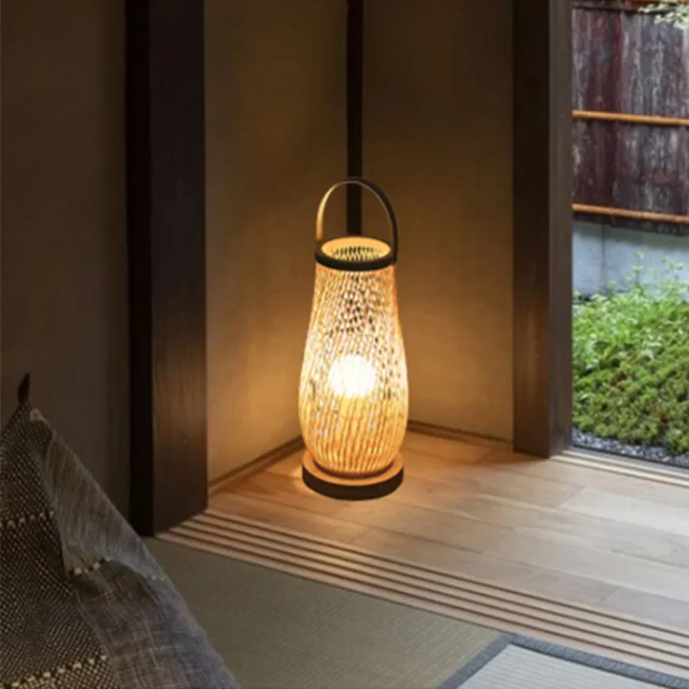 Night Light Small Rattan Hollow-Out Bamboo Boho Decorative Nightstand Solid Wood Base Lamp Table Desk Lamp for Bedroom,Living