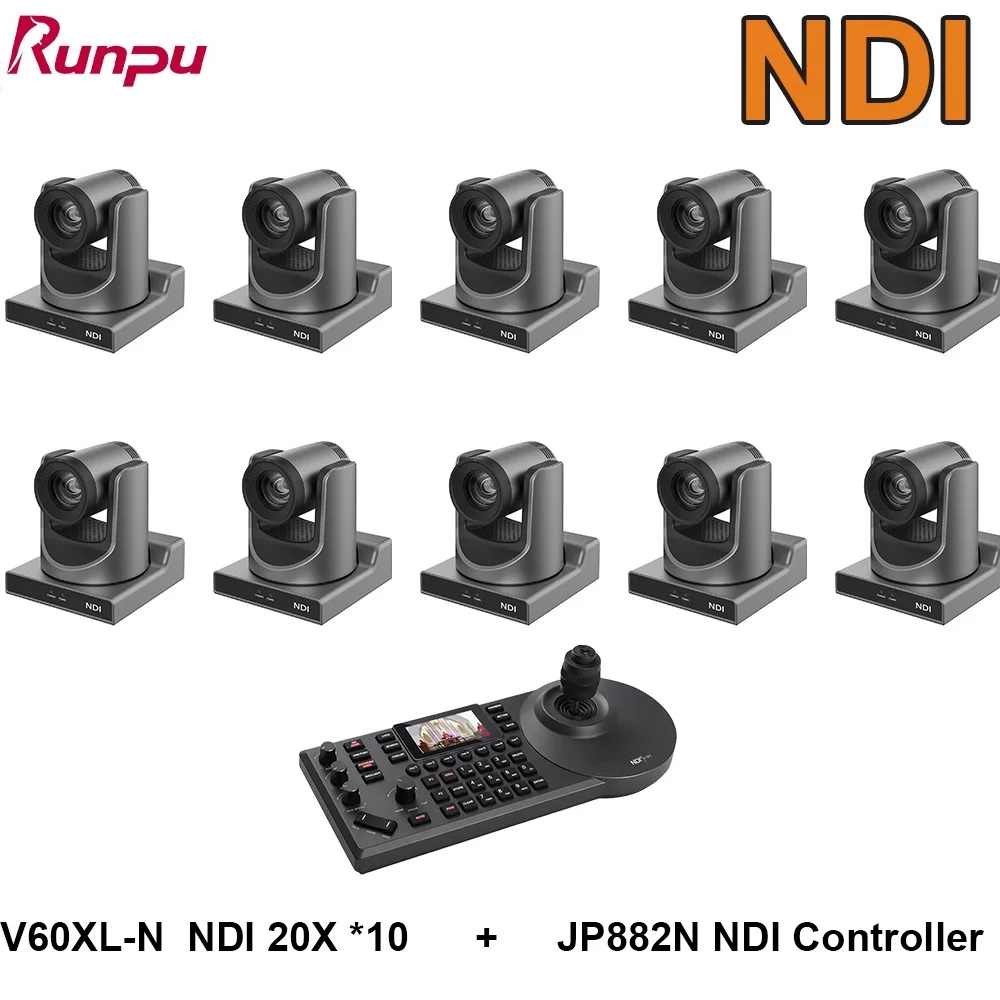 

Video Conference Camera Kit 1- 10pcs 1080P NDI PTZ CAMERA 20X Zoom With Ai Auto tracking & 1pc IP POE NDI Ptz Camera controller