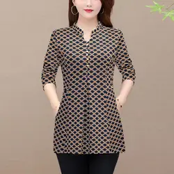 Blusa de botão com colarinho com deslocamento em pé, roupa feminina estampada vintage, camisa de manga comprida, elegante, casual, primavera, outono, 2022