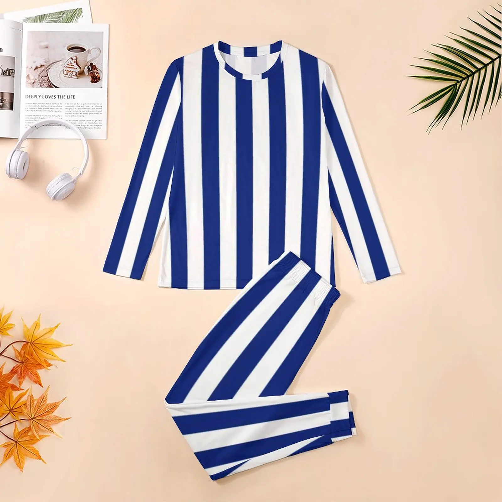 Nautisches Design Pyjama Herbst vertikale dunkelblaue Streifen Nacht Nachtwäsche Männer 2 Stück Grafik lange Ärmel übergroße Pyjama-Sets