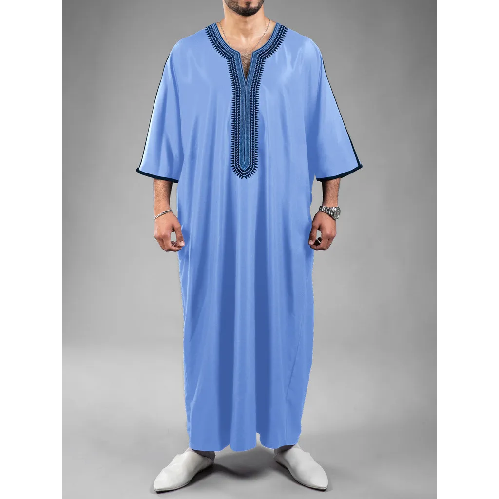 2025 Ramadan ตะวันออกกลางสีทึบมุสลิมครึ่งแขนเย็บปักถักร้อยสไตล์ชาติพันธุ์โมร็อกโกผู้ชาย Robe