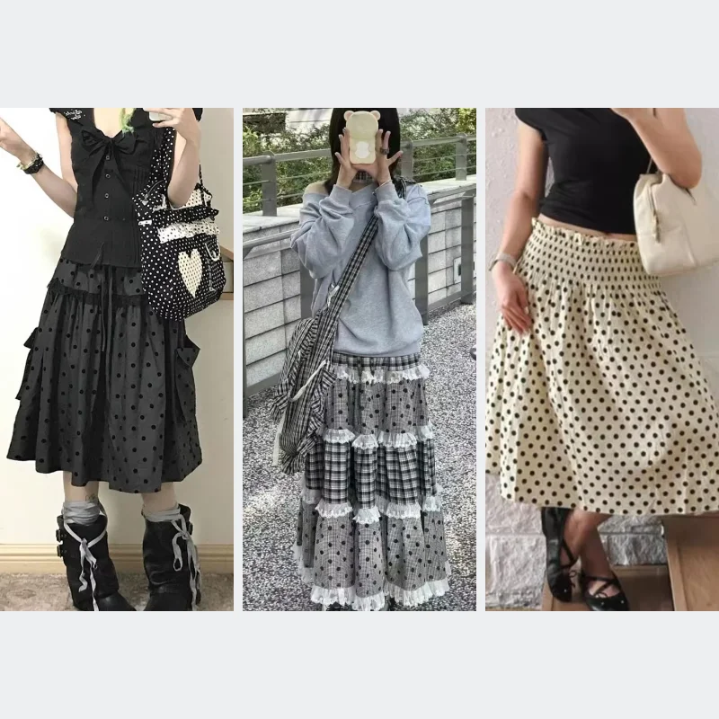 Women 2000 Vintage Y2k Aesthetic Polka Dot Skirt American Retro Cute Gray Skirts Female Sweet Hottie Fashion Lace Skirt New
