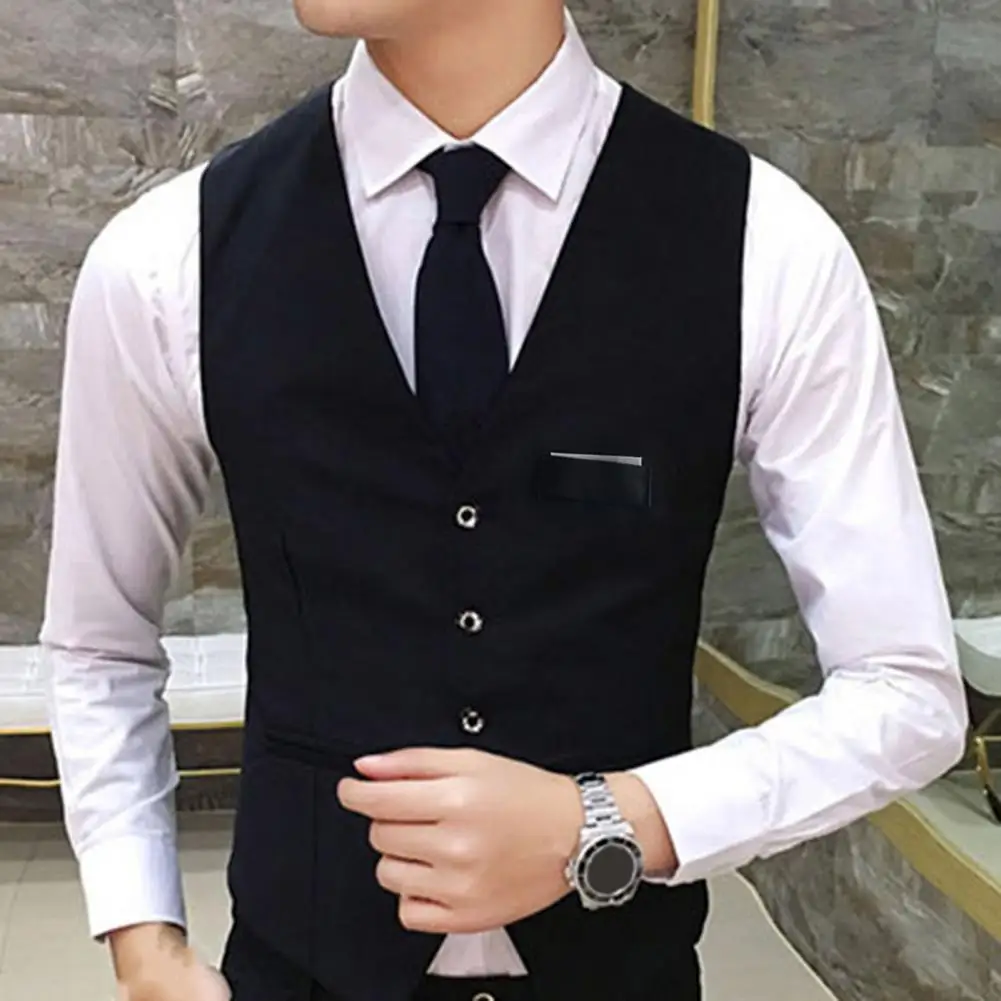 Gentle Men Formal Vest Sleeveless Pocket Single-Breasted Waistcoat Classic Black Suit Vest Men Business Wedding Vest Tank Top