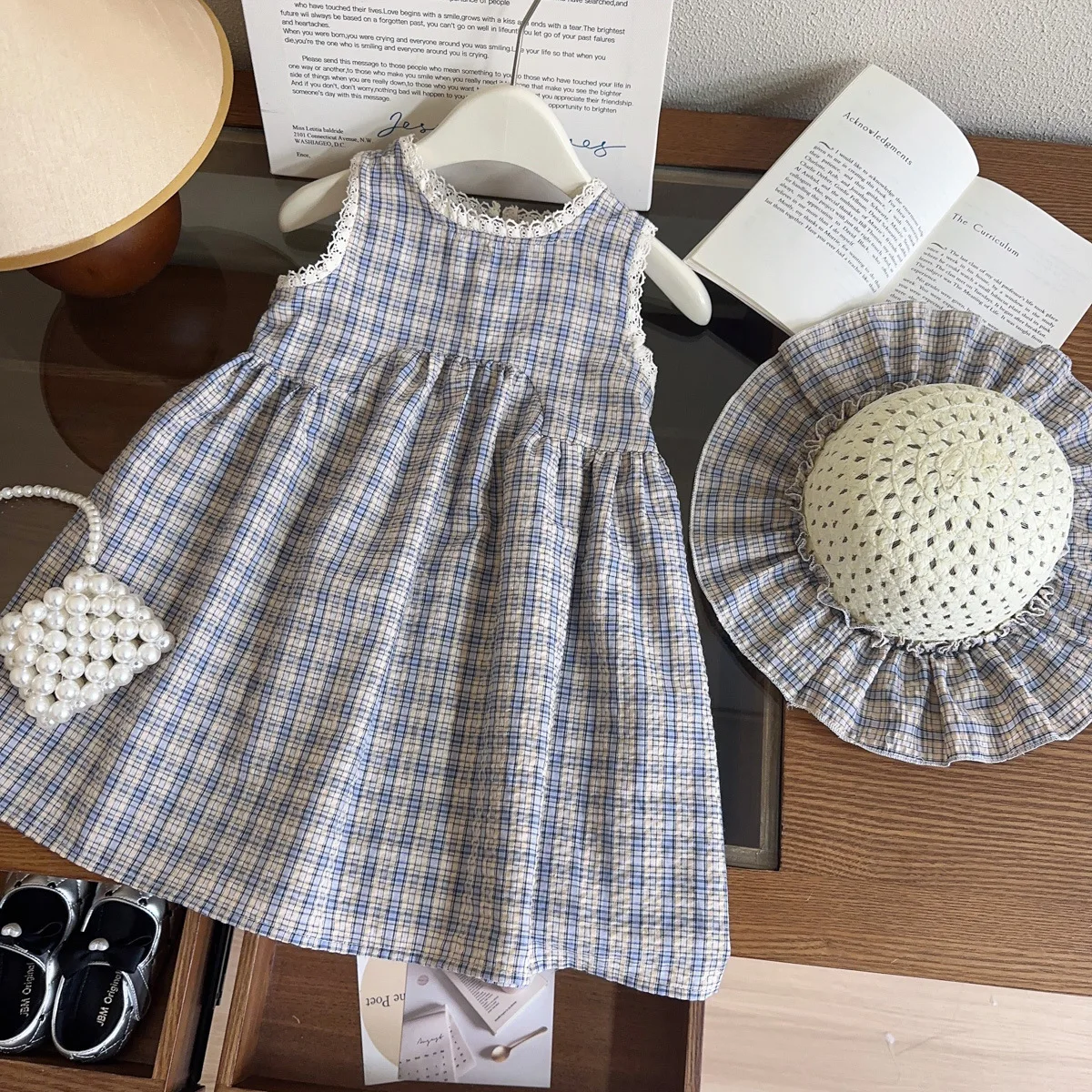 Girls' Plaid Dress Summer New Vacation Style French Retro Sleeveless Vest Dress for Little Girls Hat Included