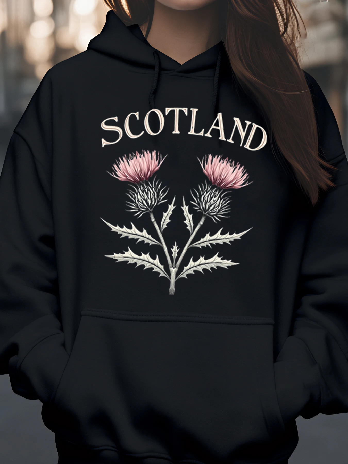Thistle Flower Scotland Print Hoodie for Women Casual Wear Autumn Winter Outfit