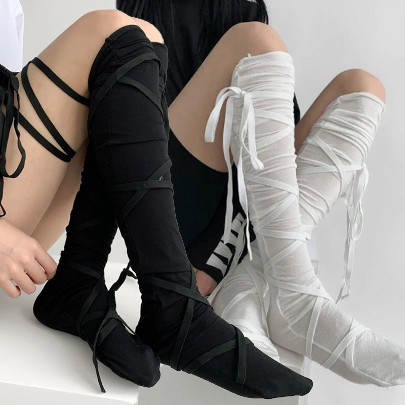 

Punk Women Calf Leg Cover Socks Ballet Strappy Calf Socks Thin Stocking Lolita Gothic Japanese JK Club Cosplay Over Knee Socks