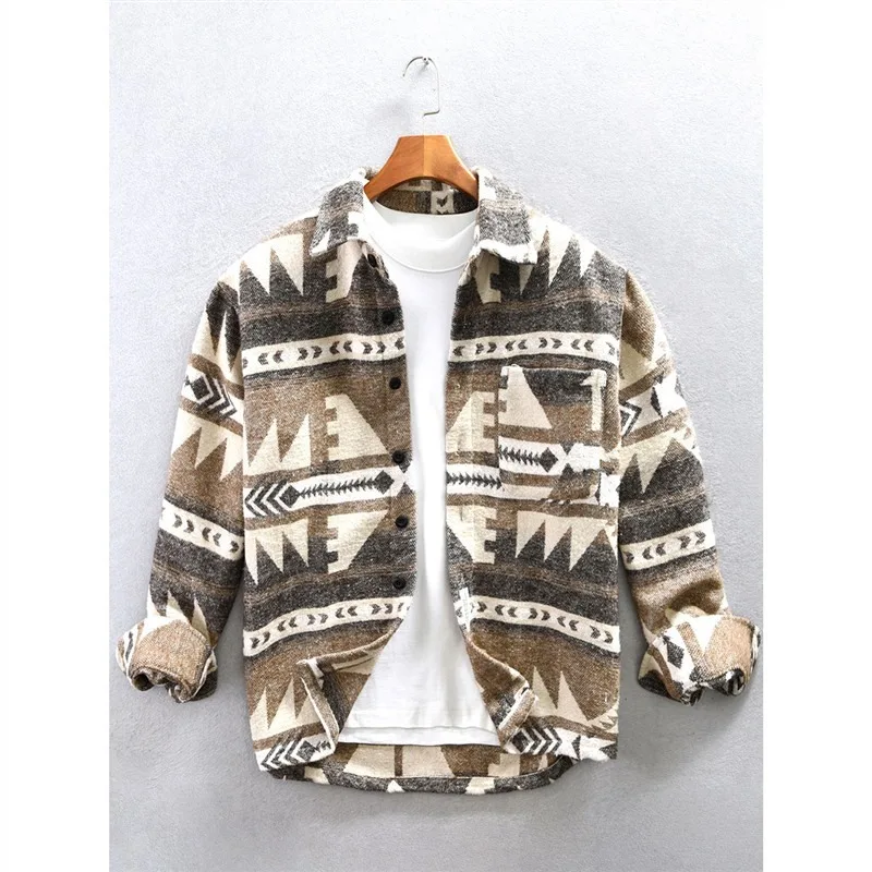 American-style Printed Brushed Long-sleeved Woolen Shirt for Men, Loose, Thick and Warm Floral Shirt Jacket for Winter Fashion
